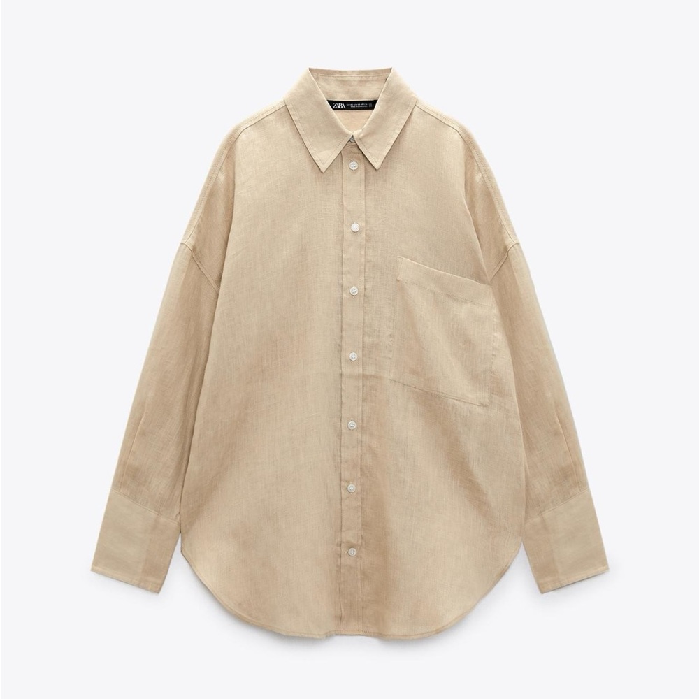 Zara tan linen button-up shirt